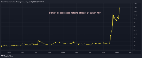 Sum of all addresses holding at least $100K in XRP. (TradingView/Coinmetrics)