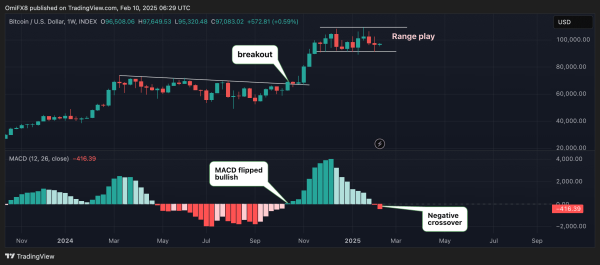 BTC's weekly chart with the MACD histogram (TradingView/CoinDesk)